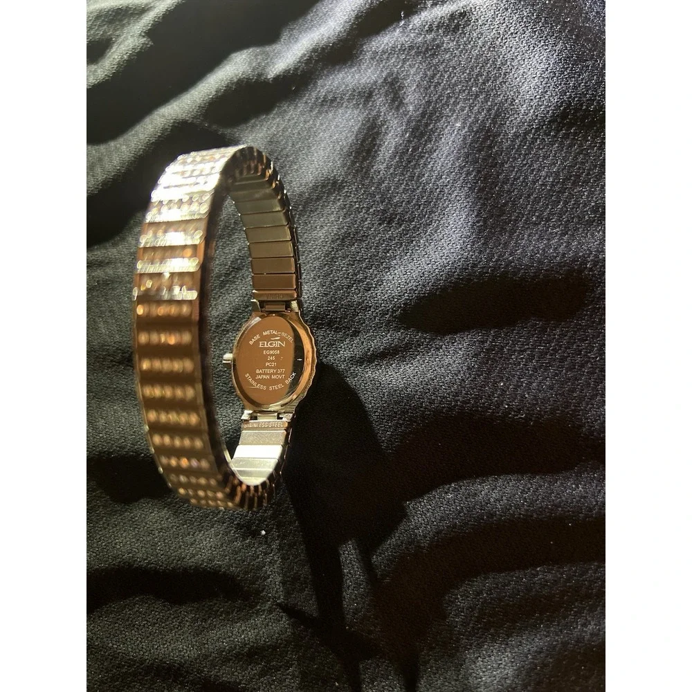 Elgin EG9058 Women's Oval Analog Clear Stone White Dial Stretch Band Bling Watch